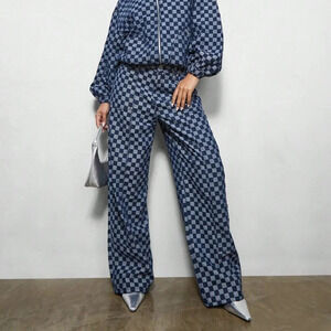 Blue Casual Women's Wide Leg Carpenter Checkboard Jeans